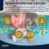 Two children are playing with a tablet, with icons and text describing the tablet's features. Produktbild-Vorschau
