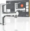 A chrome faucet with a pull-out spray head, presented with its packaging which includes feature illustrations and text. Náhled obrázku produktu
