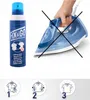 An image showing a spray bottle and an iron with an 'X' over it, along with three numbered steps illustrating how to use the spray. Produktbild-Vorschau