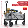 A gray folding wagon filled with items, including a cooler, a teddy bear, and bananas, with dimensions and feature callouts. Produktbild-Vorschau