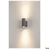 A gray outdoor wall light fixture mounted on a white wall, emitting light upwards and downwards. Produktbild-Vorschau