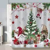 A Christmas-themed shower curtain with gnomes, a Christmas tree, and gifts. Produktbild-Vorschau