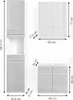 A diagram showing the dimensions of a white high-gloss bathroom furniture set. Náhled obrázku produktu