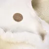 A close-up view of the inside of a white sheepskin product, showing a circular brown leather tag with embossed text. Voir les images du produit