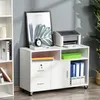 A white filing cabinet with drawers and shelves, a printer, and a framed picture on top, set against a light gray wall. Produktbild-Vorschau