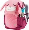 A pink bunny-shaped children's backpack with a water bottle in the side pocket. Produktbild-Vorschau