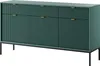 A green sideboard with gold handles and black legs, shown against a white background.