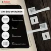 A set of door handles and accessories is displayed on a dark wooden surface, with a black overlay detailing the contents of the set. Produktbild-Vorschau