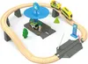 A toy train set with a gas station, cars, and trains on a wooden track. Produktbild-Vorschau
