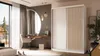 A modern bedroom with a sliding door wardrobe, a vanity table with a mirror, and a bed. Produktbild-Vorschau