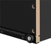A close-up view of the bottom corner of a black furniture item, showing a metal roller and screws attaching it to a particle board edge. Produktbild-Vorschau