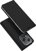 A black flip phone case is shown with the front cover open, revealing the phone's camera module. Produktbild-Vorschau