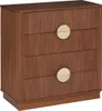 A brown wooden dresser with gold circular handles against a white background. Podgląd zdjęcia produktu
