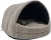 A gray, corduroy pet bed with a hooded opening. Produktbild-Vorschau