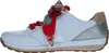 A side view of a light blue sneaker with a red and floral patterned scarf tied around the laces. Produktbild-Vorschau