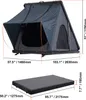 Two views of a hard-shell rooftop tent, one deployed and one folded, with dimensions indicated. Produktbild-Vorschau