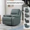 A grey recliner chair is shown in a living room setting, with multiple smaller images of the chair from different angles on the right side of the image. Text indicating 'SCHWENKFUNKTION' and a 360-degree rotation symbol are also present. Podgląd zdjęcia produktu