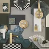 A flat lay arrangement of bathroom fixtures and accessories, including tiles, a faucet, a showerhead, and decorative items. Náhled obrázku produktu