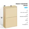 A product image with dimensions and specifications displayed next to a beige metal cabinet. Produktbild-Vorschau