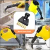 Collage of images showing a steam cleaner and its metal brush head being used for cleaning various surfaces. Produktbild-Vorschau