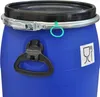 Close-up of the top of a blue plastic barrel with a black lid and a metal clamp. Produktbild-Vorschau