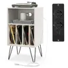 A white vinyl record storage stand with a turntable on top, and a power strip with USB ports to the right. Náhľad obrázku produktu