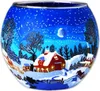 A glass lantern decorated with a winter scene, featuring a red barn, snow-covered trees, and a crescent moon in a starry night sky. Produktbild-Vorschau
