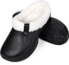 A pair of black clogs with white faux fur lining, shown on a white background. Produktbild-Vorschau
