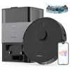 A robot vacuum cleaner with its docking station and a smartphone displaying its app interface. Produktbild-Vorschau