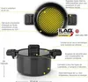 A diagrammatic view of a black pot with callouts describing its features and dimensions. Produktbild-Vorschau