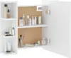 A white bathroom cabinet with its doors open, displaying various cosmetic products on shelves. Náhľad obrázku produktu