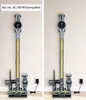 Two images of a vacuum cleaner charging station with a vacuum cleaner docked in it, against a light-colored wall. Produktbild-Vorschau