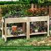 Two wooden raised garden beds filled with plants, set up in a garden with a fence and greenery in the background. Podgląd zdjęcia produktu
