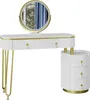 A white vanity table with gold accents and a round LED mirror. Náhled obrázku produktu