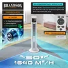 A marketing image showcasing a white tower fan with various features highlighted by text and graphics. Voir les images du produit