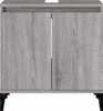 A front view of a gray wood-grain bathroom vanity cabinet with two doors and black legs. Produktbild-Vorschau