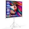 A white tripod screen displaying a colorful abstract image of a woman's face with vibrant hair. Text overlays indicate resolution capabilities. Produktbild-Vorschau
