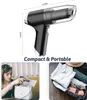 A collage showing a hand vacuum cleaner, a woman putting it in a handbag, and the vacuum cleaner packed in a suitcase with clothes. Produktbild-Vorschau