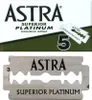 Astra Superior Platinum double edge razor blades are shown in packaging and as a single unit. Produktbild-Vorschau