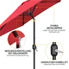 Close-up view of a red umbrella pole and canopy, with callouts highlighting features. Produktbild-Vorschau