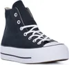 A black high-top Converse sneaker with a white platform sole and white laces, shown against a white background. Voir les images du produit