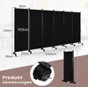 A product image showing a black room divider with dimensions and a close-up of a wheel. Voir les images du produit