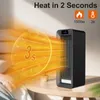A black electric heater is shown on a wooden table, with a graphic overlay indicating rapid heating. Voir les images du produit