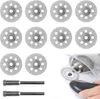 A set of diamond cutting discs and mandrels, with a close-up of one disc being used on a stone. Produktbild-Vorschau