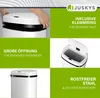 A collage of images showcasing a white automatic trash can with various features highlighted by text. Náhled obrázku produktu