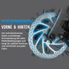 A close-up of a bicycle disc brake with blue glowing accents and German text describing its features. Produktbild-Vorschau