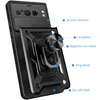 A black phone case with a ring stand and camera cover is shown with labels pointing out its features. Produktbild-Vorschau