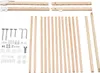 A collection of wooden and metal parts for a baby gate, laid out on a white background. Produktbild-Vorschau