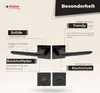 A marketing image showcasing a set of black door handles with descriptive text highlighting features. Produktbild-Vorschau
