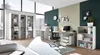 A modern home office setup with a large shelving unit, a desk with a computer, and an office chair. Produktbild-Vorschau